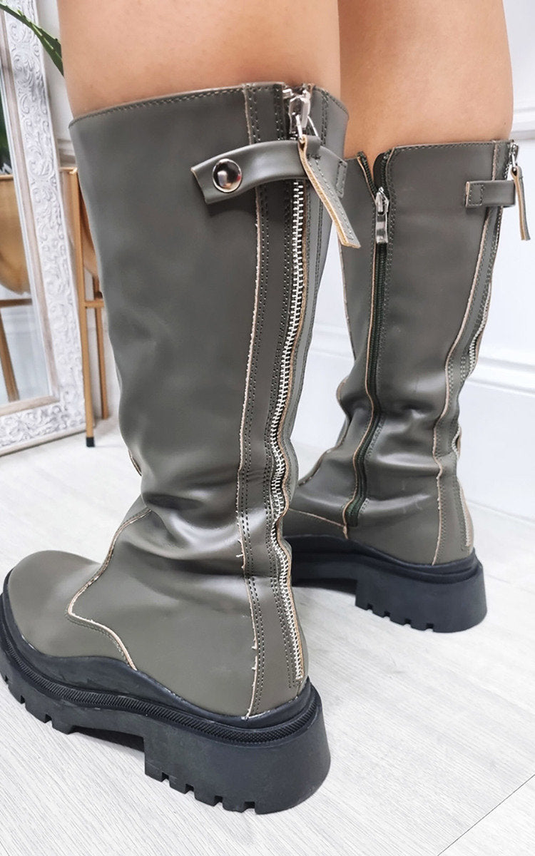Kenike khaki faux leather chunky platform boots variant
