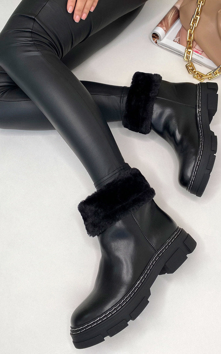Kenike black faux leather fluffy bow ankle boots variant