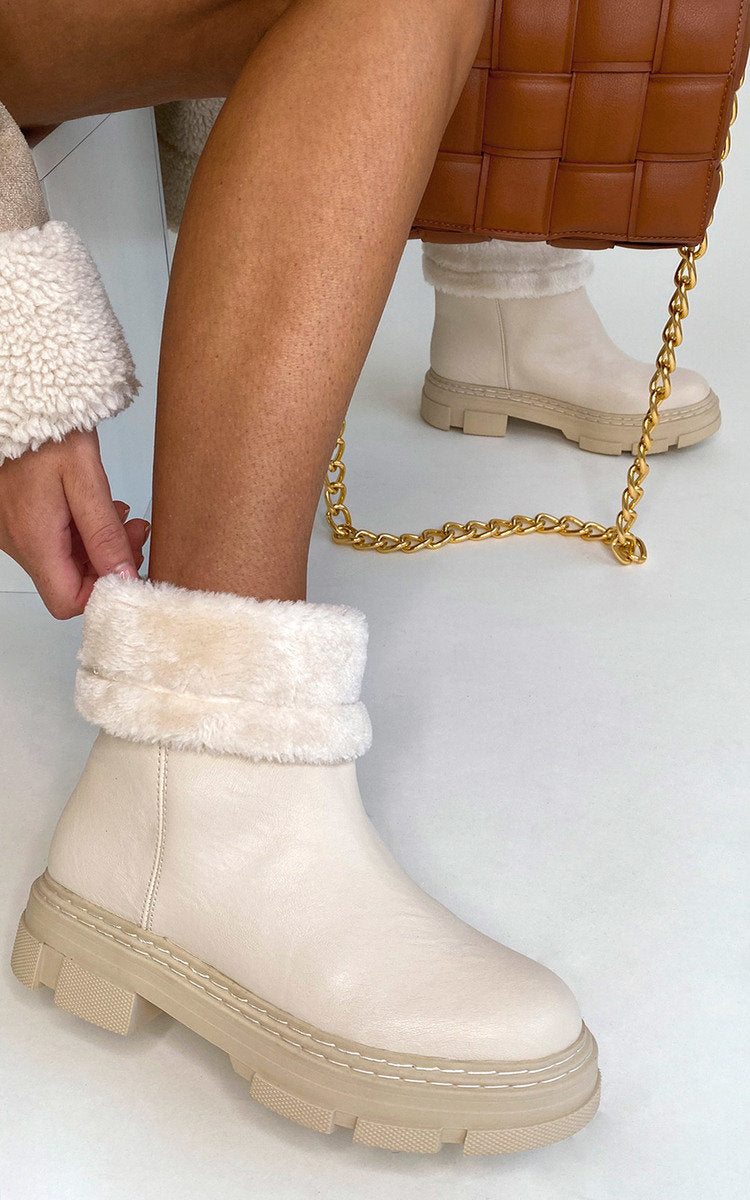 Kenike cream fluffy bow ankle boots side profile