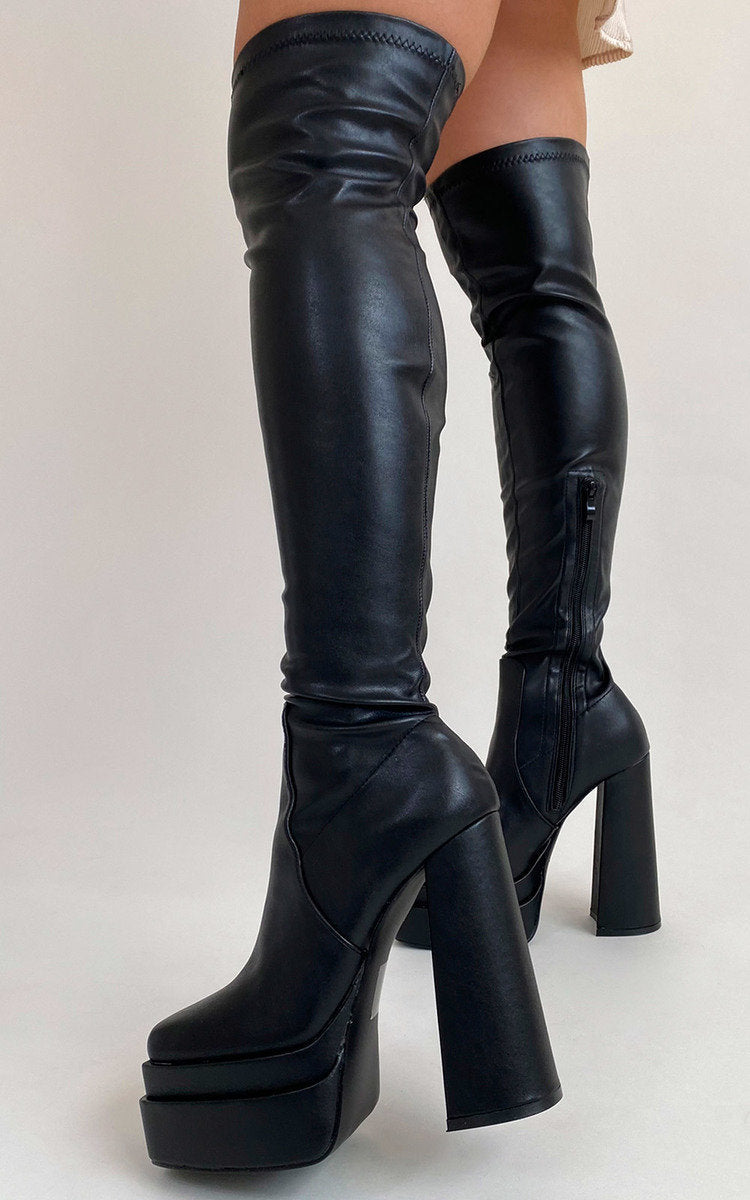 Kenike black block heel knee high boots tall shaft detail