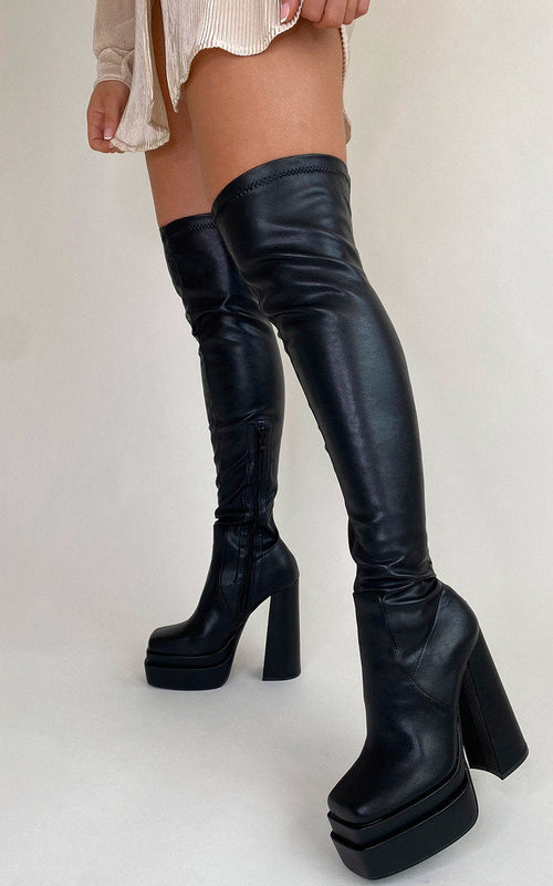 Kenike black knee high block heel boots side profile