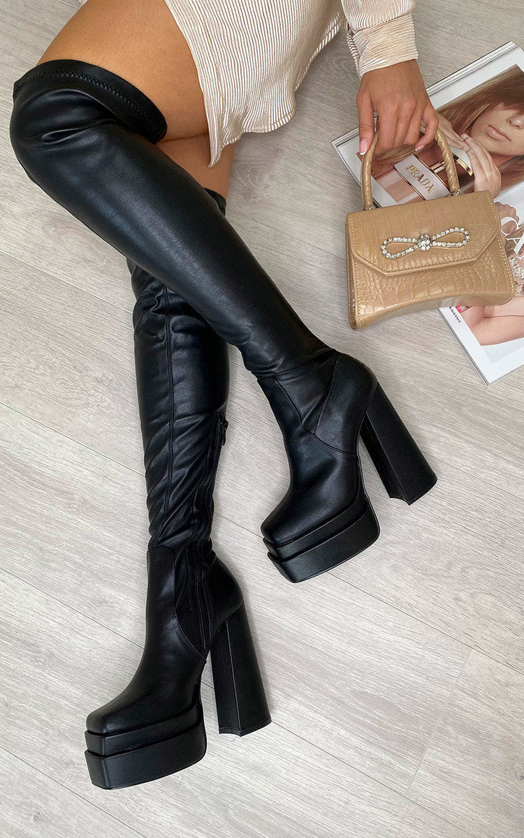 Kenike black block heel knee high boots front view