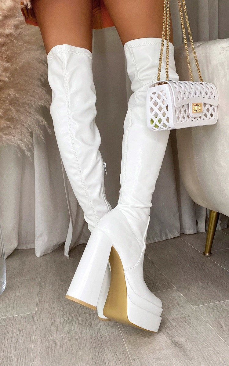Kenike white block heel knee high boots variant