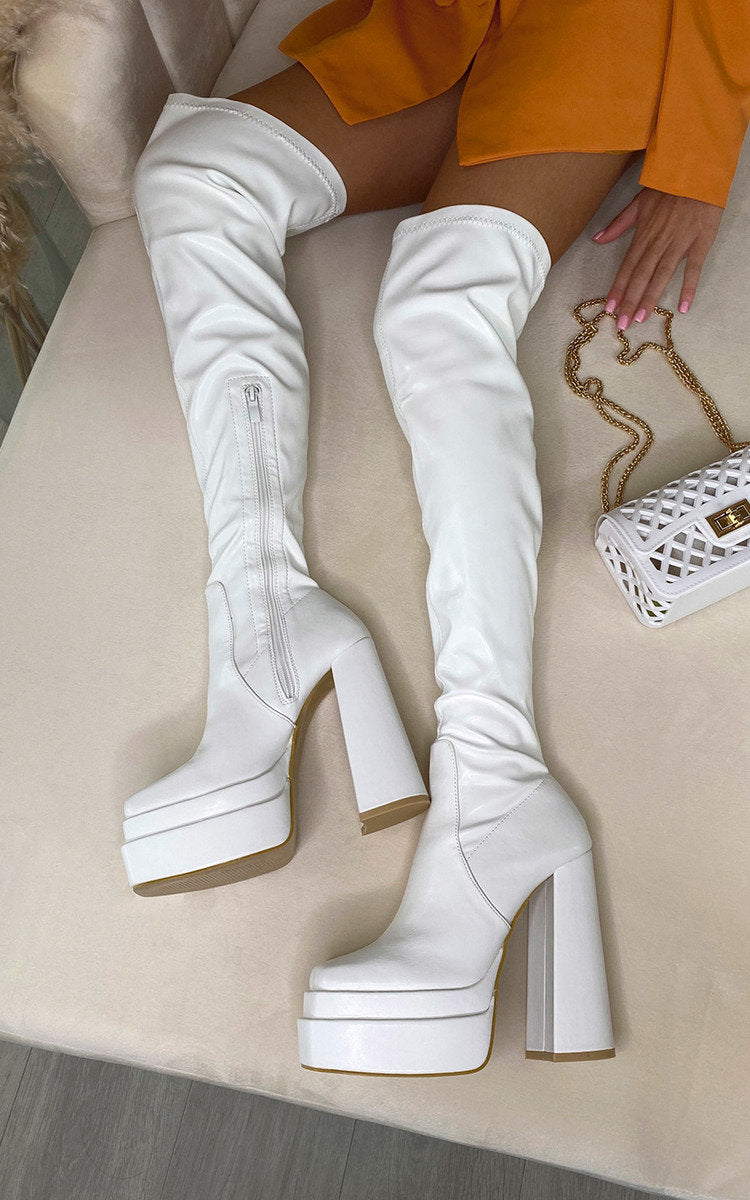 Kenike white block heel knee high boots front view
