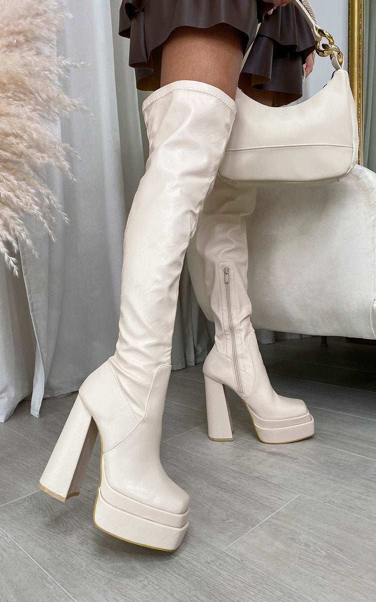 Kenike cream block heel knee high boots front view