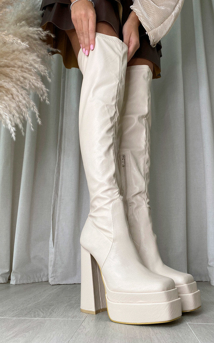 Kenike cream block heel knee high boots variant
