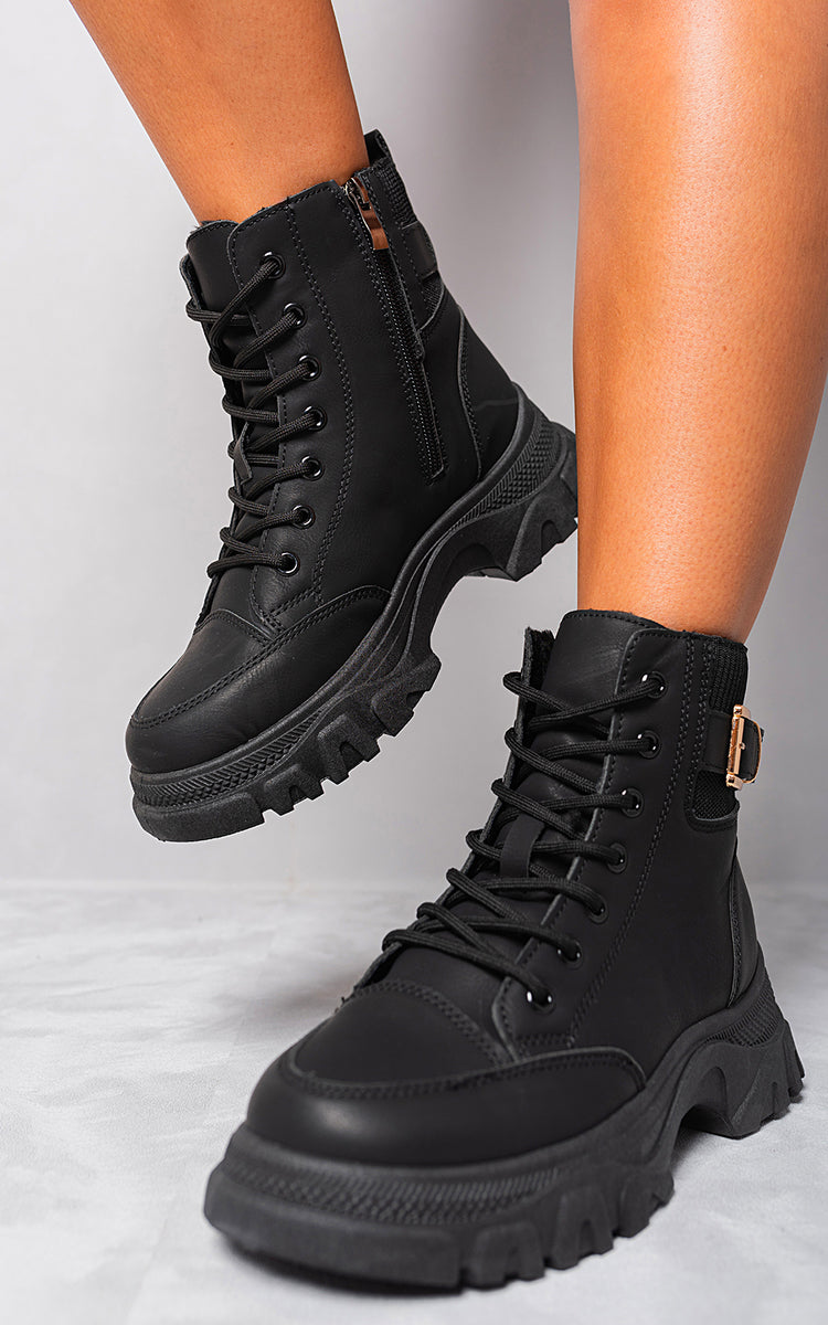Kenike black chunky lace-up platform ankle boots front view