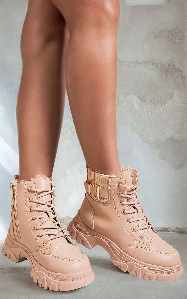 Kenike beige chunky lace-up platform ankle boots front view