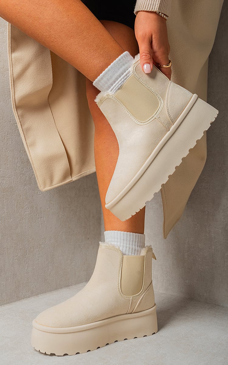 Kenike beige faux fur lined platform Chelsea boots front view