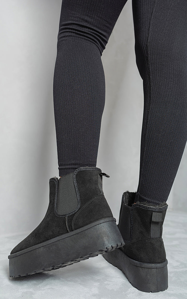 Kenike black fluffy platform Chelsea boots side profile