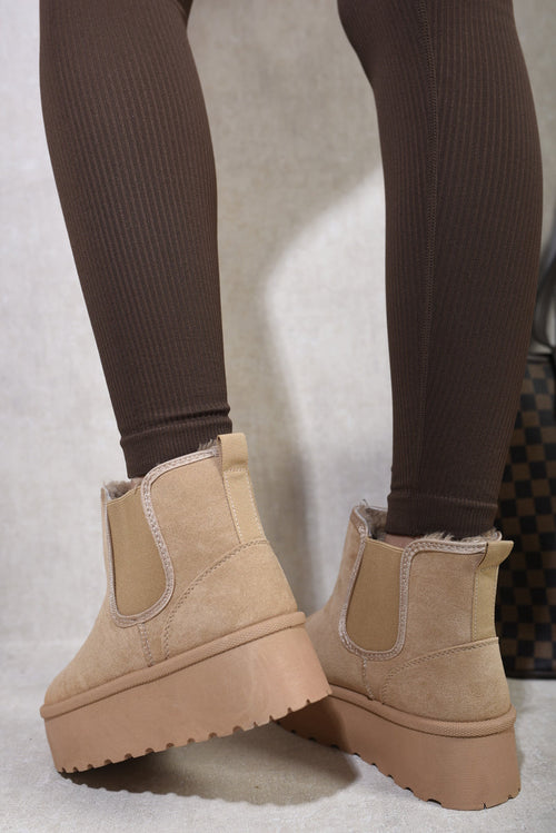 Kenike mocha fluffy platform Chelsea boots side profile