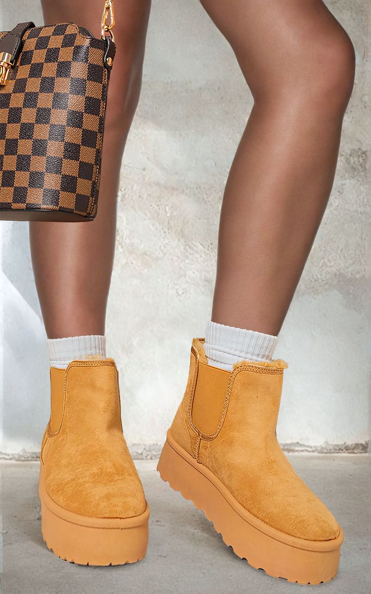 Kenike camel faux fur lined platform Chelsea boots variant