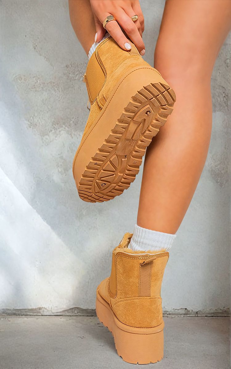 Kenike camel fluffy platform Chelsea boots side profile