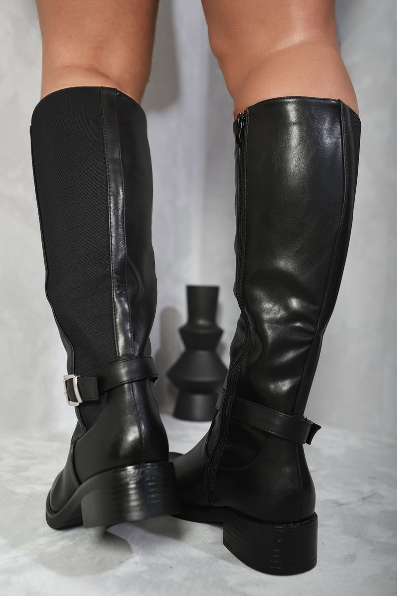 Kenike black knee high buckle boots side profile