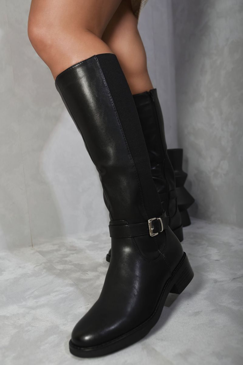 Kenike black knee high buckle boots front view