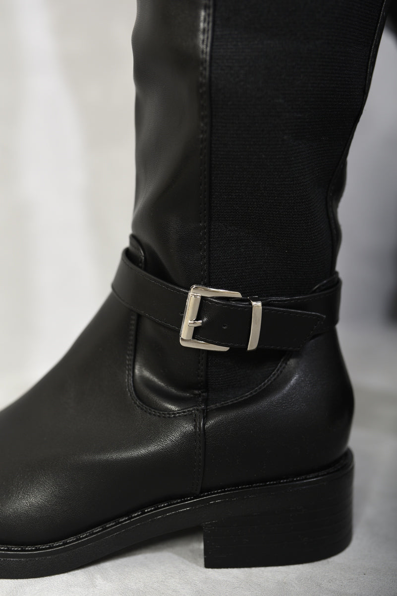 Kenike black knee high buckle boots variant