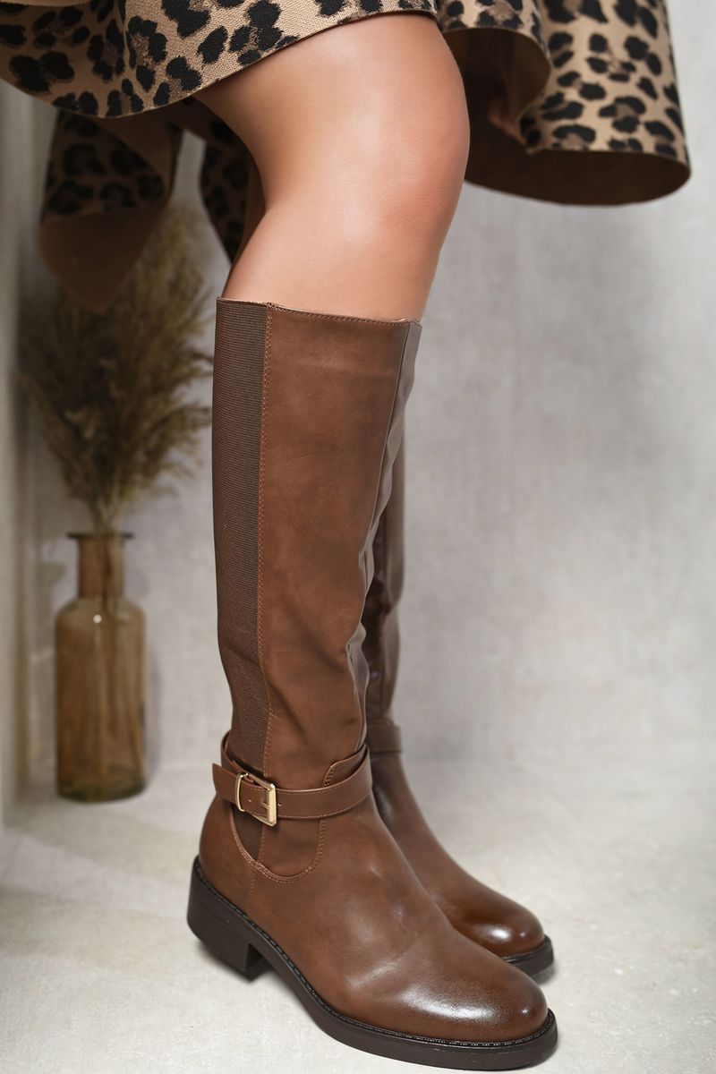 Kenike brown knee high boots buckle strap detail
