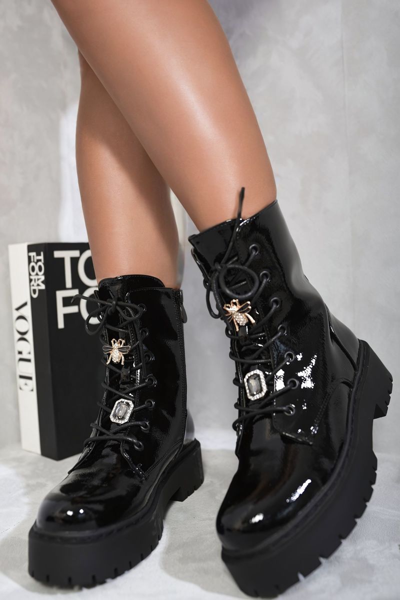 Kenike black patent zip lace-up chunky biker boots variant