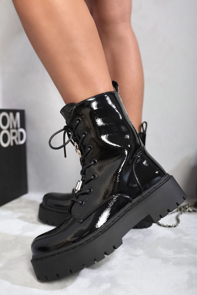 Kenike black patent biker boots lace-up side profile