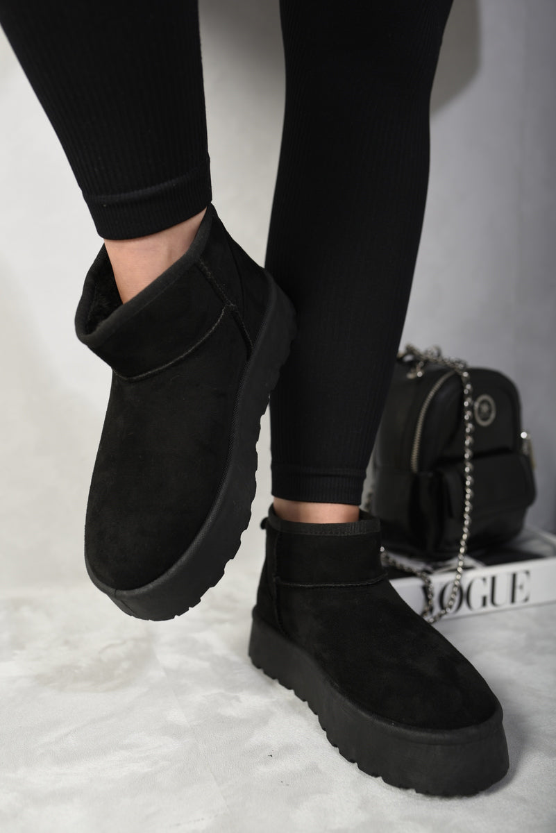 Kenike black faux fur lined platform mini boots front view