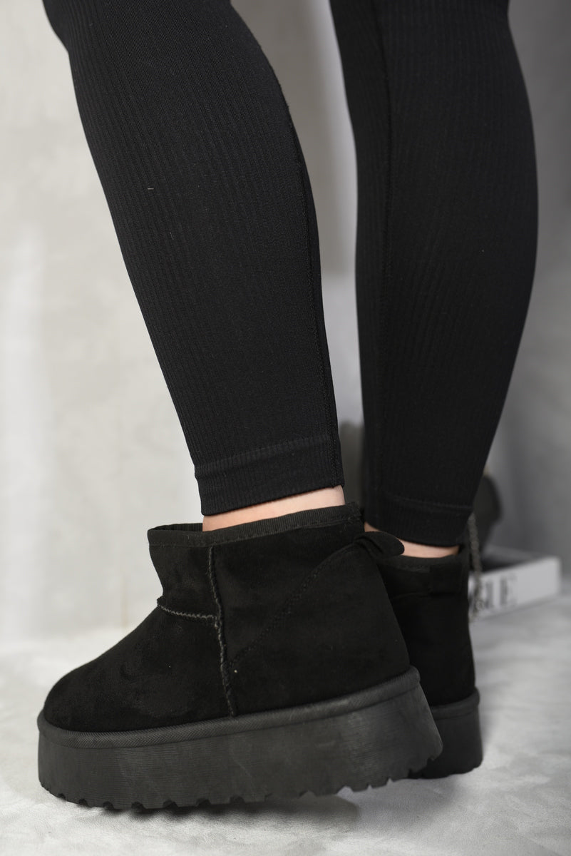 Kenike black mini boots fluffy lining and side profile