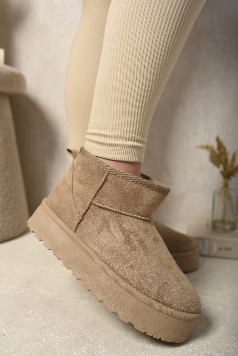 Kenike chestnut faux fur lined platform mini boots front view