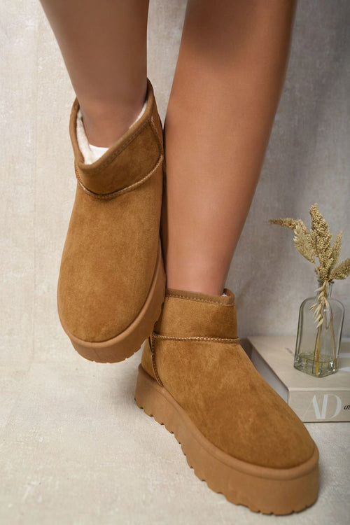 Kenike camel faux fur lined platform mini boots front view