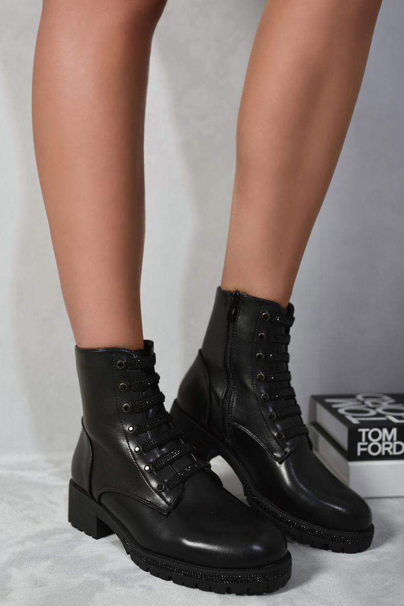 Kenike black lace-up glitter ankle boots front view