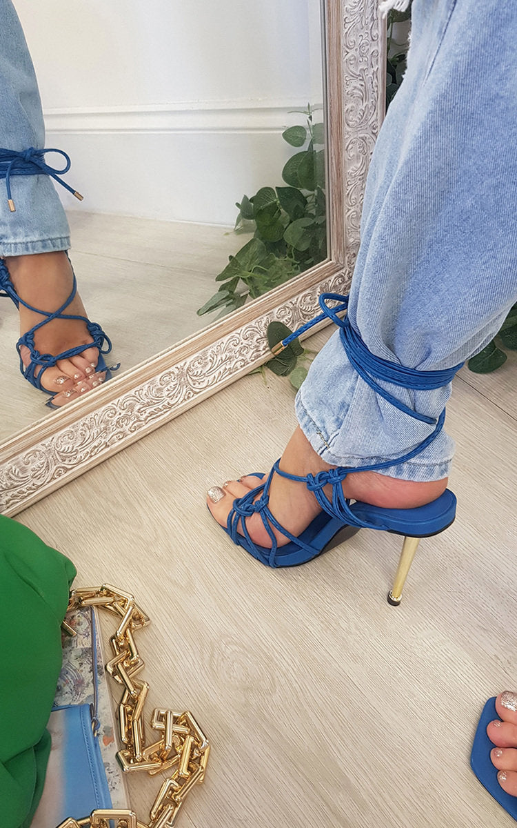 Kenike blue strappy square toe heels front view