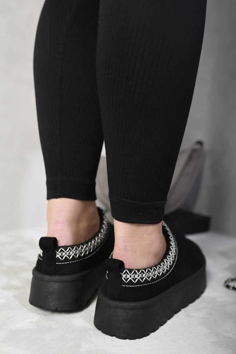 Kenike black platform slipper boots Aztec trim detail