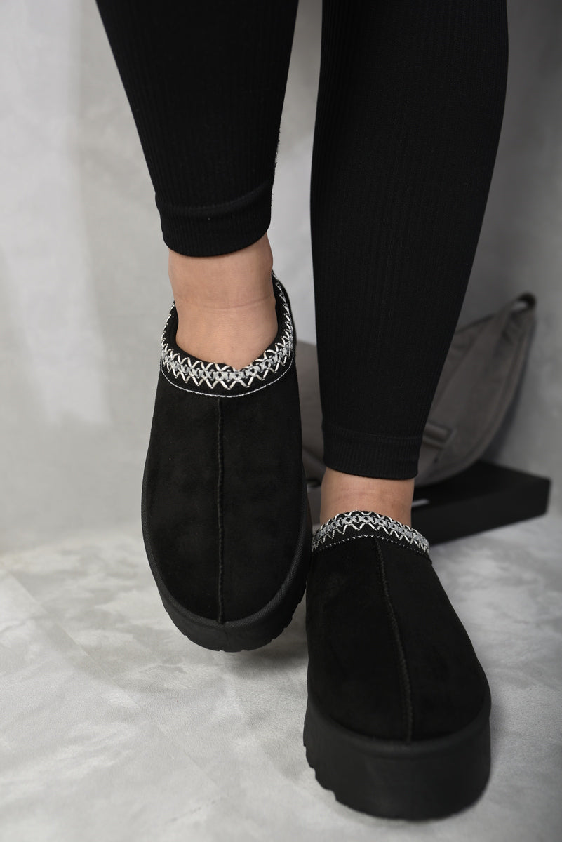 Kenike black Aztec detail platform slipper boots front view