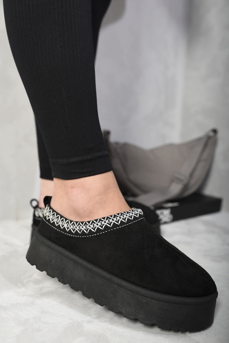 Kenike black Aztec platform slipper boots side profile