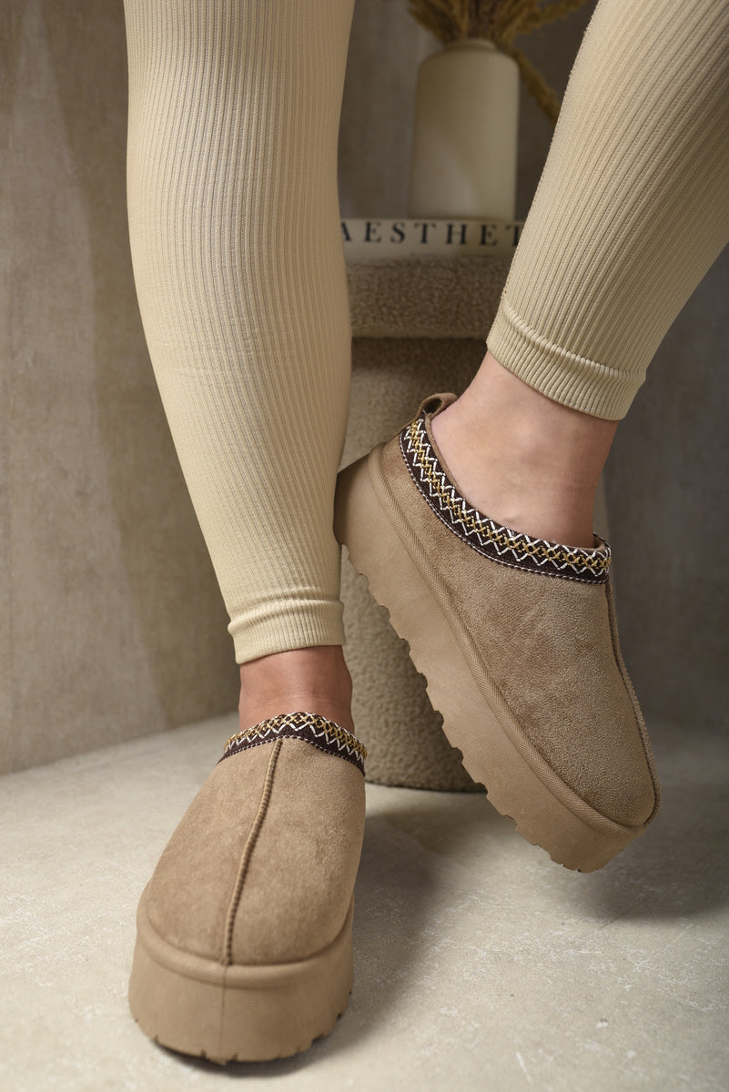 Kenike camel Aztec detail platform slipper boots front view