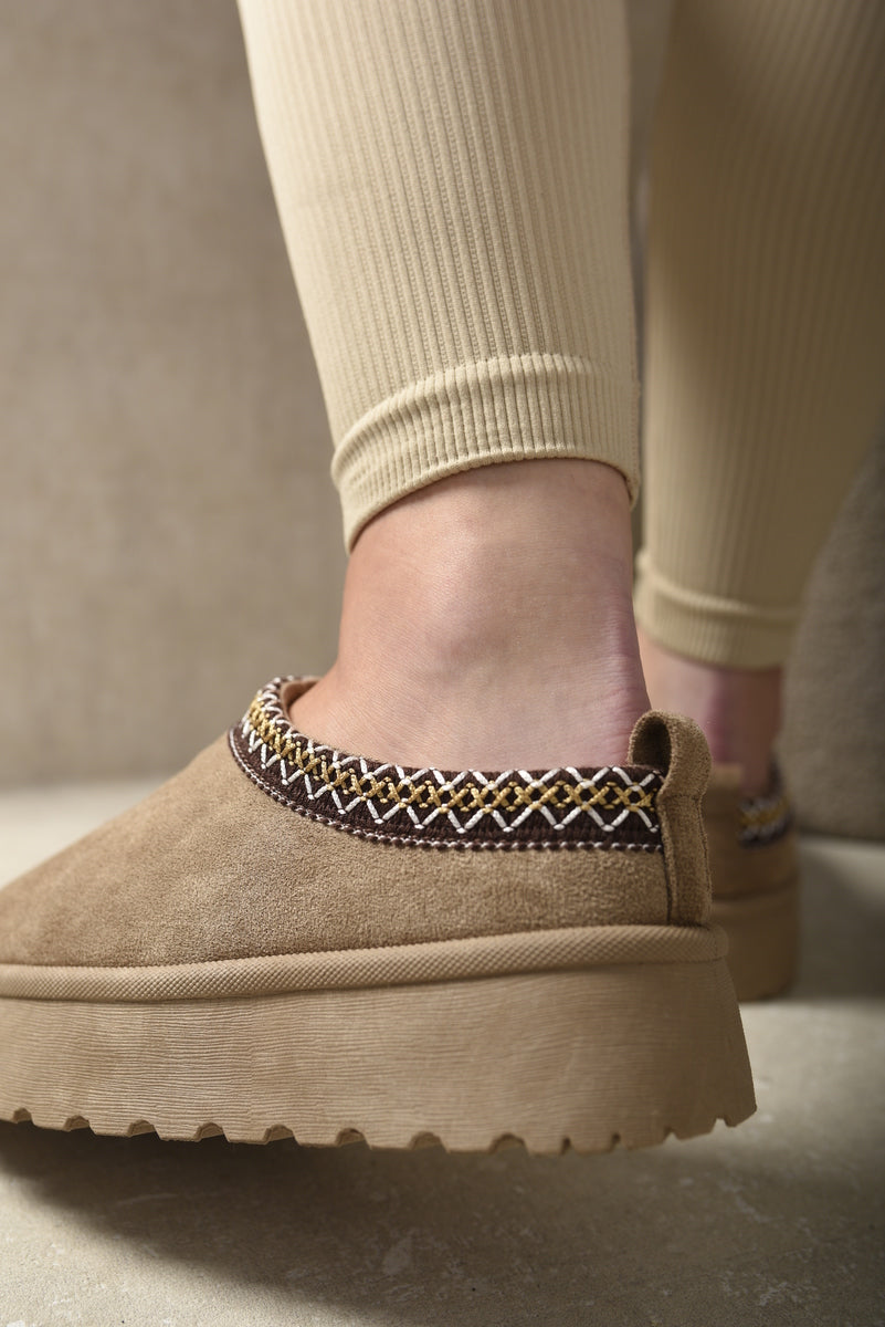 Kenike camel Aztec detail platform slipper boots variant