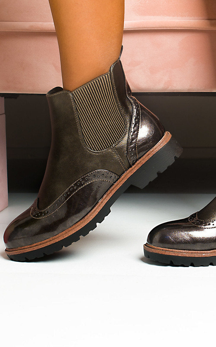 Kenike grey brogue Chelsea boots side profile