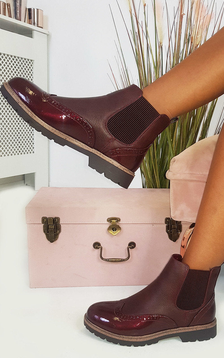 Kenike wine faux leather brogue Chelsea boots front view