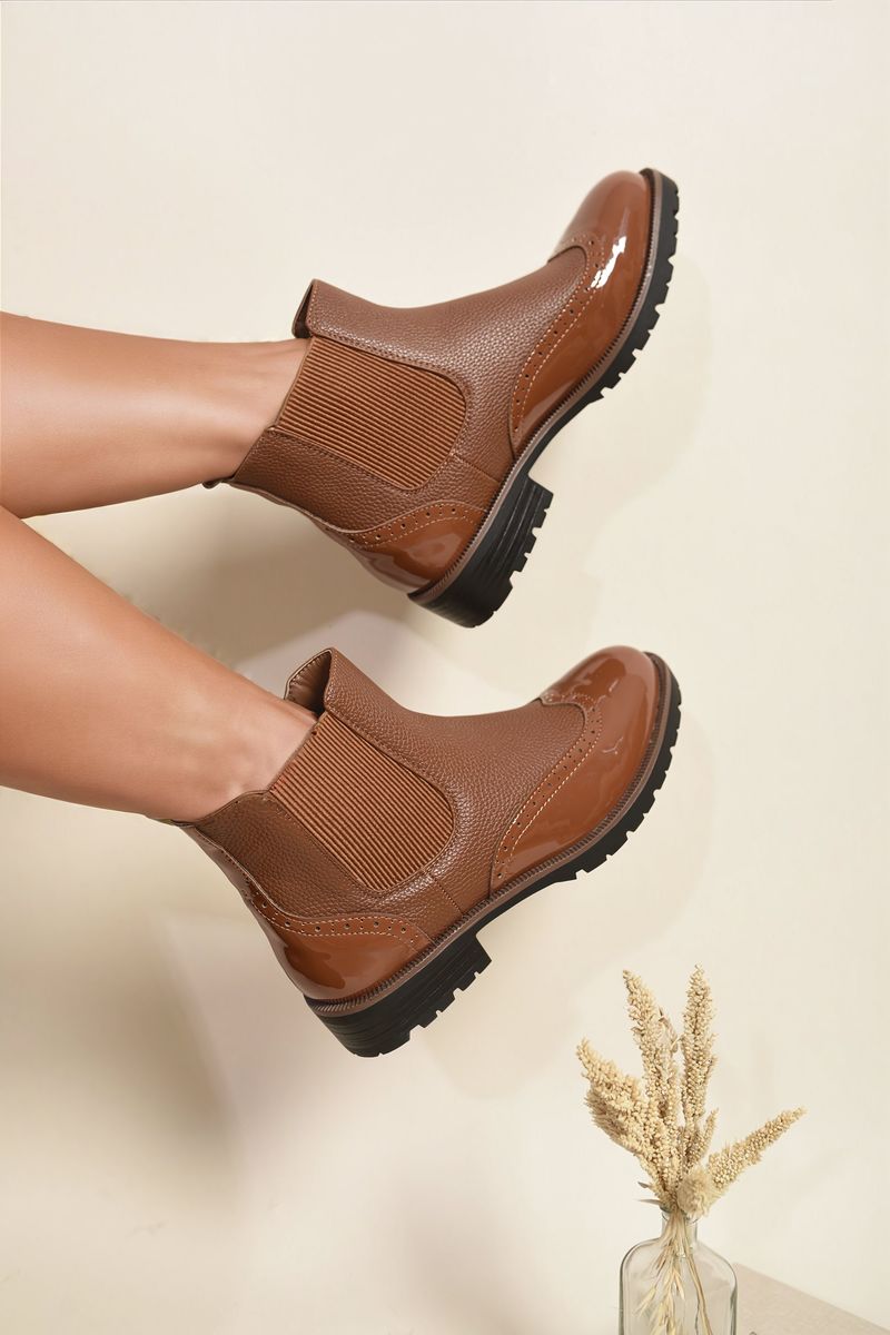 Kenike camel faux leather Chelsea boots brogue close-up
