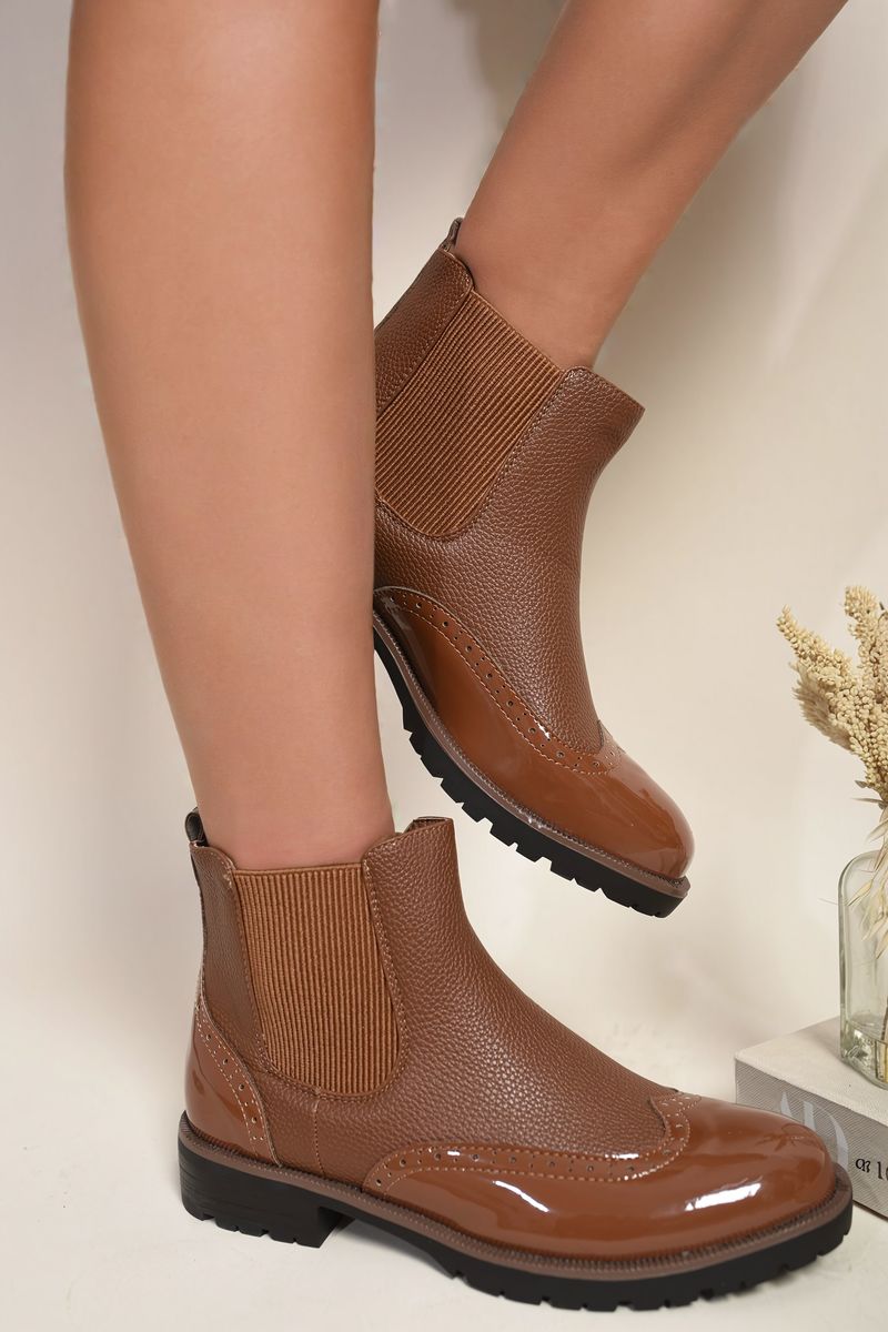 Kenike camel faux leather brogue Chelsea boots front view