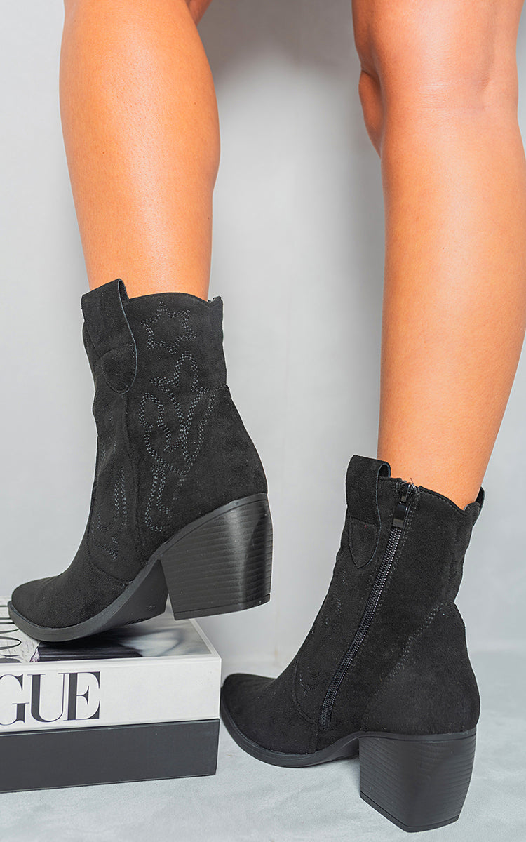 Kenike black western cowboy ankle boots side detail