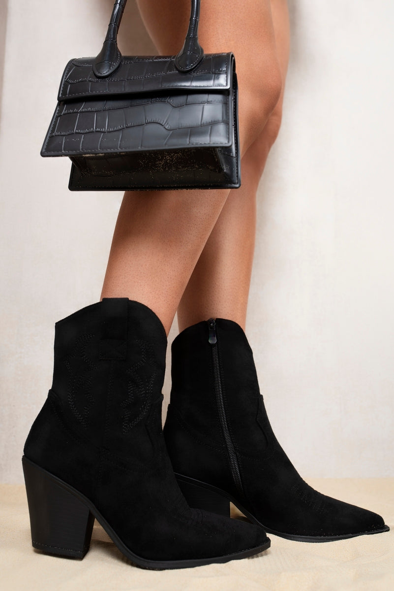 Kenike jet black western cowboy ankle boots side profile