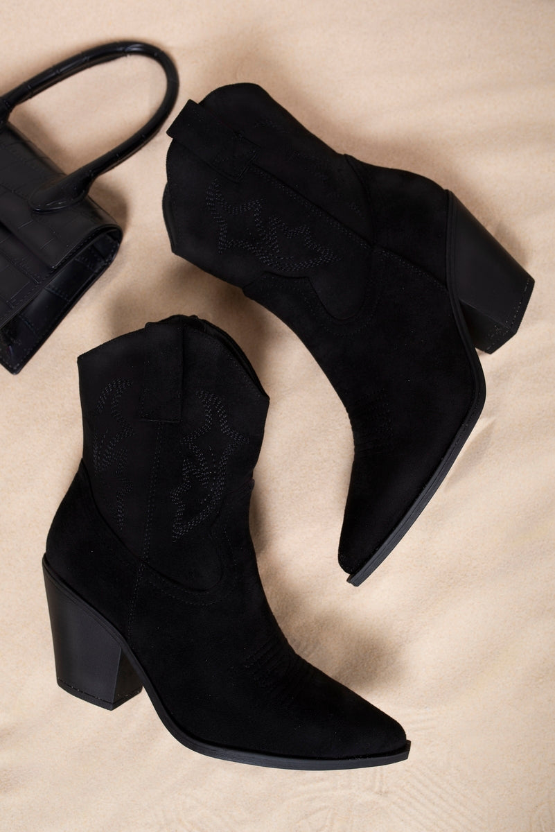 Kenike jet black cowboy ankle boots close-up detail