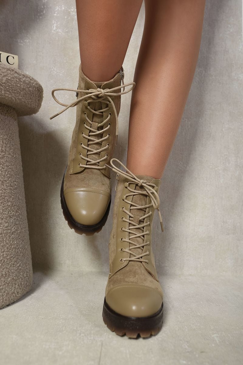 Kenike khaki lace-up combat heeled ankle boots front view