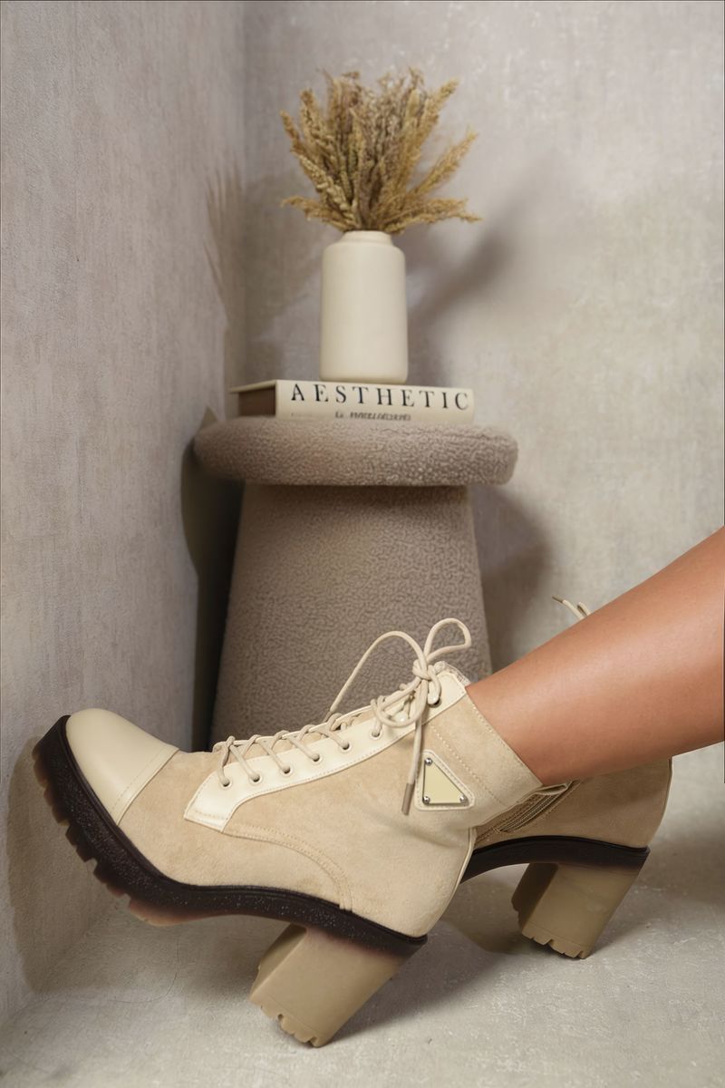 Kenike beige lace-up combat heeled ankle boots variant