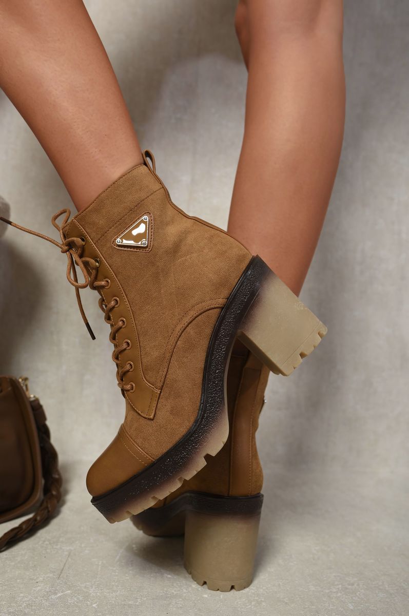 Kenike camel combat heeled ankle boots side profile