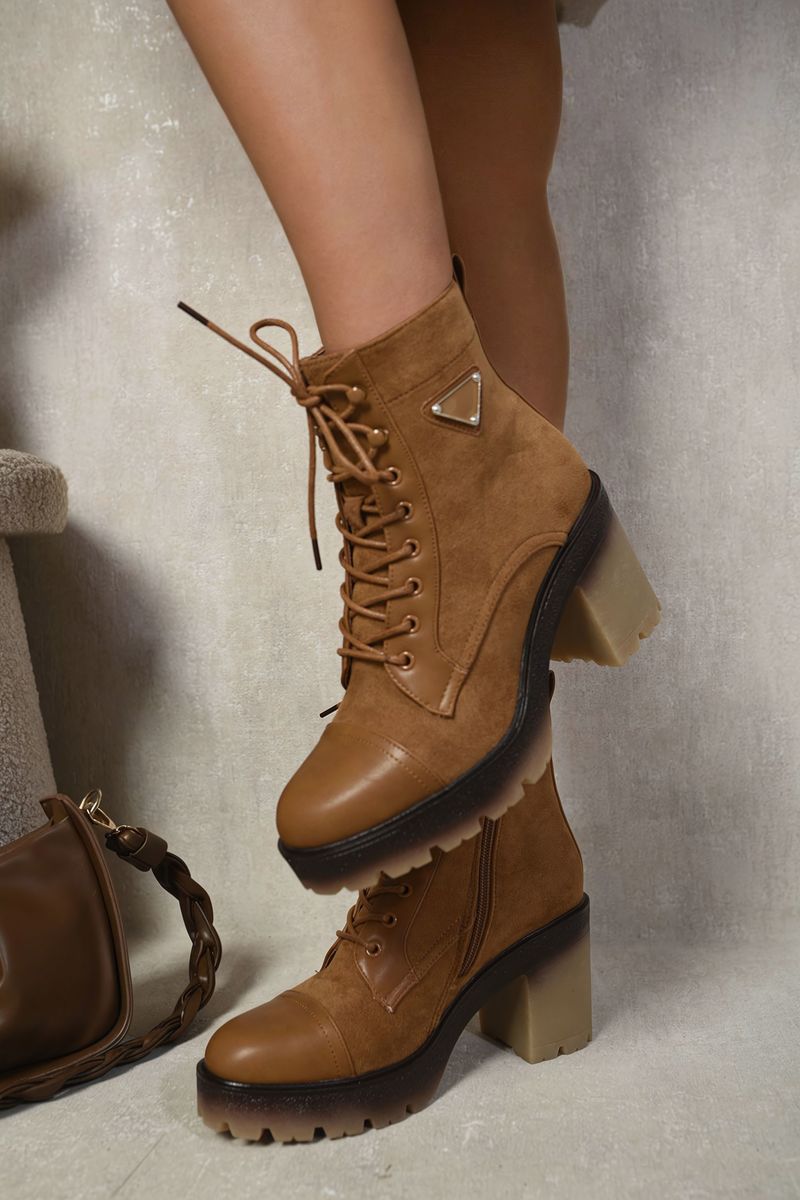 Kenike camel lace-up ankle boots heeled sole detail