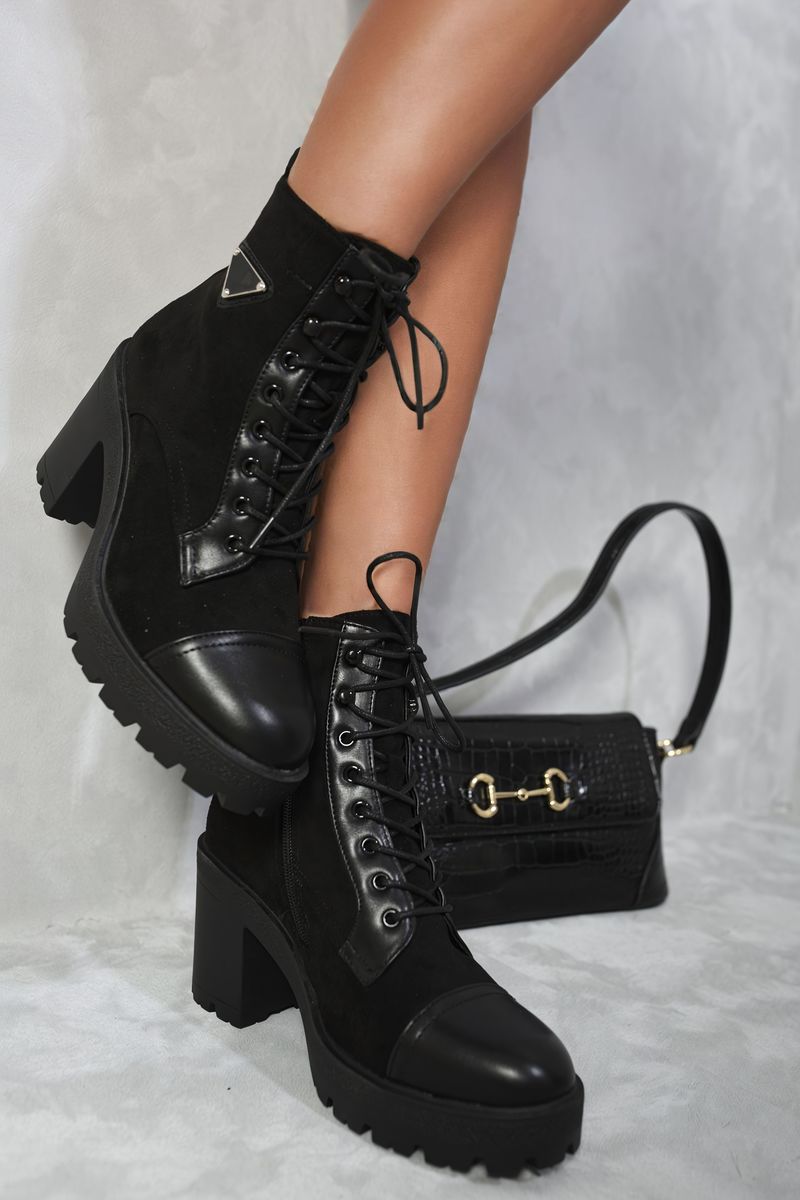 Kenike black lace-up combat heeled ankle boots front view