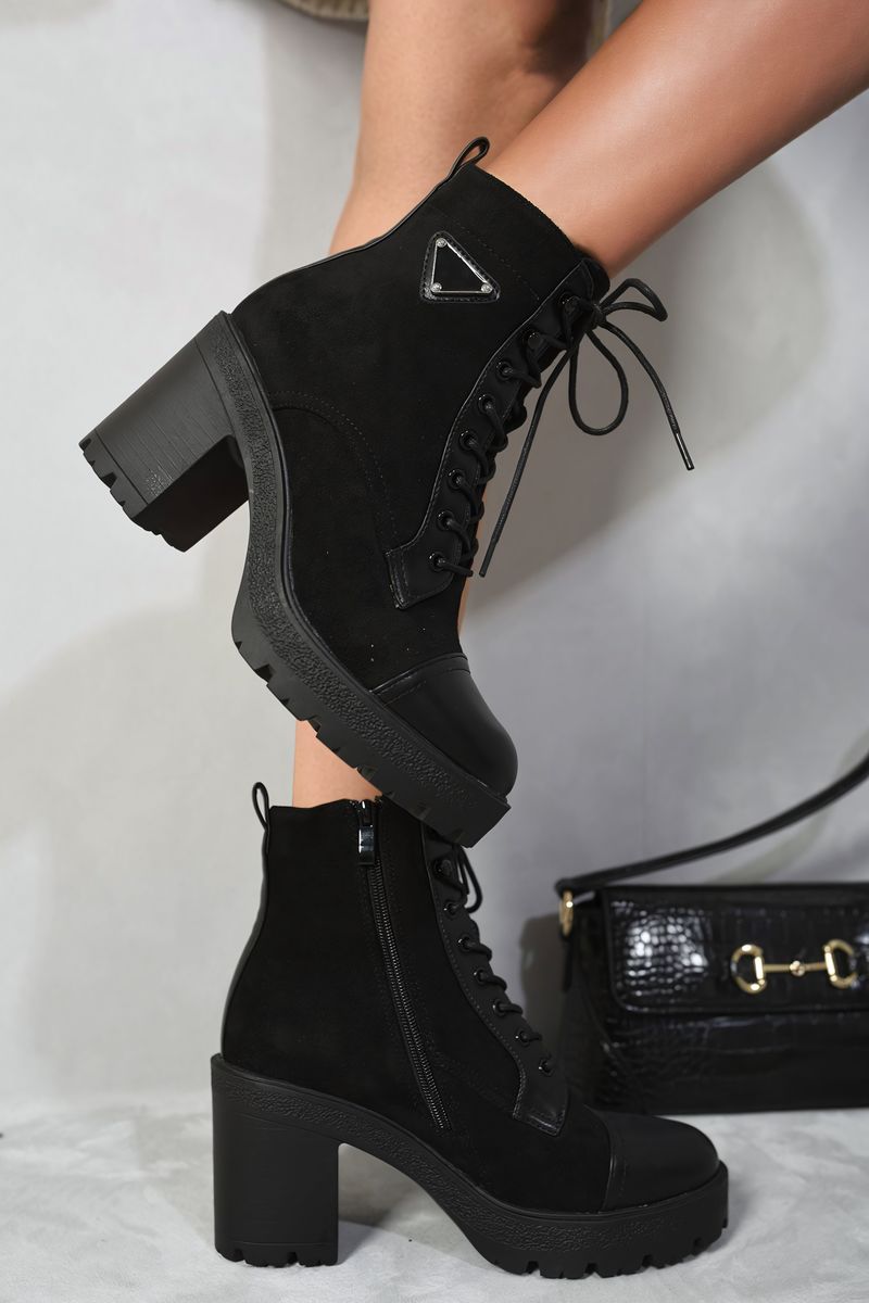 Kenike black lace-up combat heeled ankle boots variant