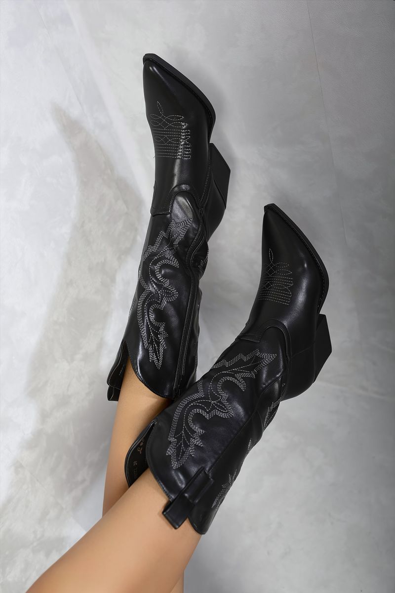 Kenike black cowboy boots embroidered shaft detail
