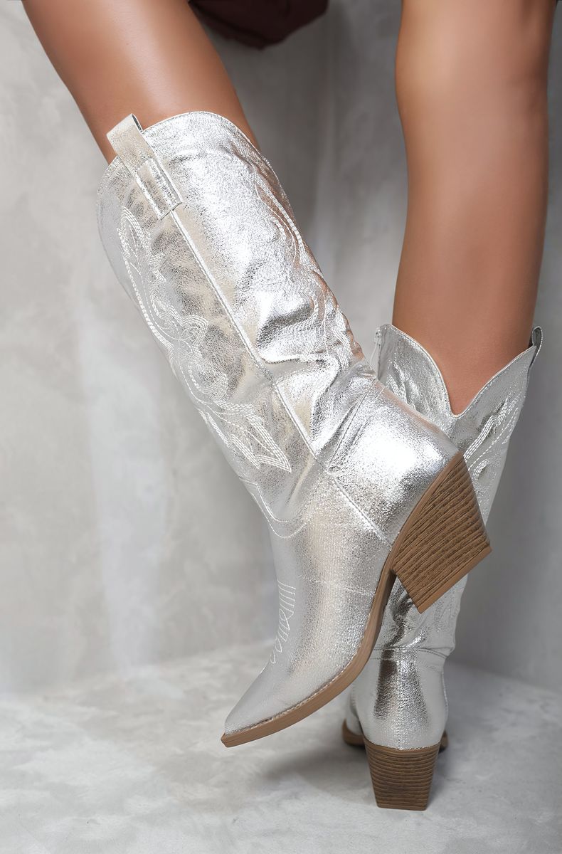 Kenike silver pointed toe cowboy boots side profile