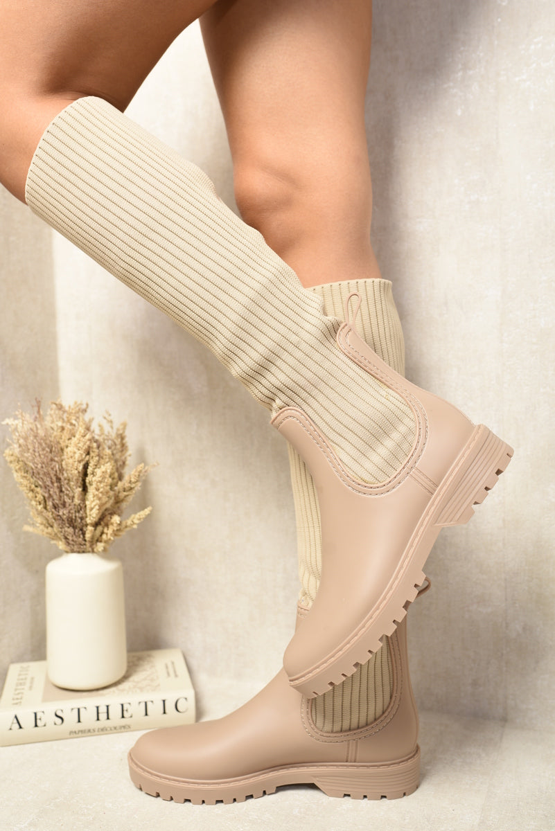 Kenike beige high sock platform boots side profile